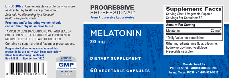 Melatonin 20 mg (Progressive Labs) 60ct Label