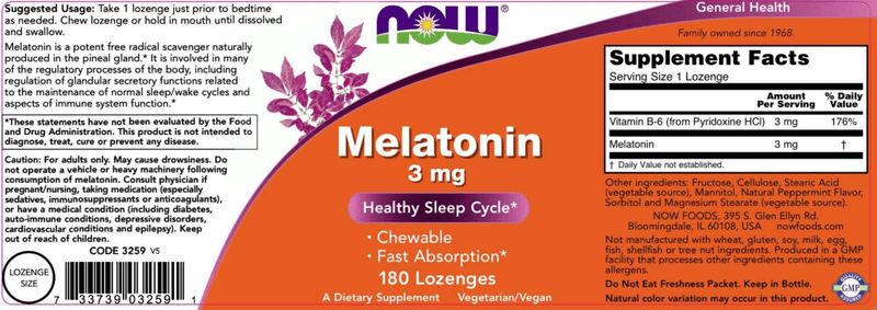 Melatonin 3 mg Lozenges (NOW) Label