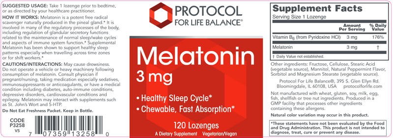 Melatonin 3 mg (Protocol for Life Balance) Label