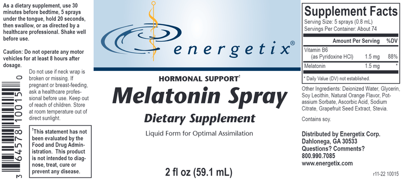 Melatonin Spray (Energetix) Label