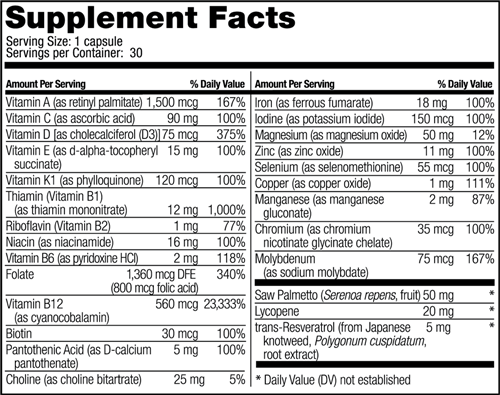 Men’s One Per Day Multivitamin with Iron Capsules (Bariatric Fusion) supplement facts