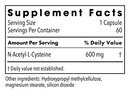 NAC 600 mg (metabolic maintenance) supplement facts