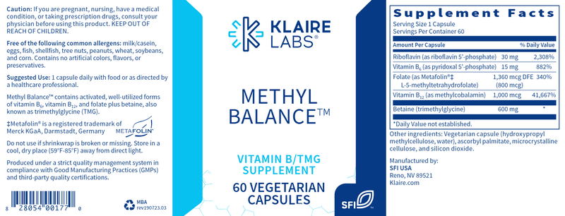 Methyl Balance (Klaire Labs) Label
