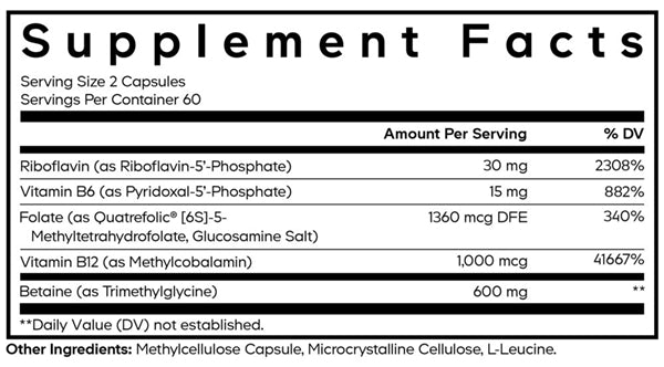 Methylfolate B Complex+ Supplement Facts Label