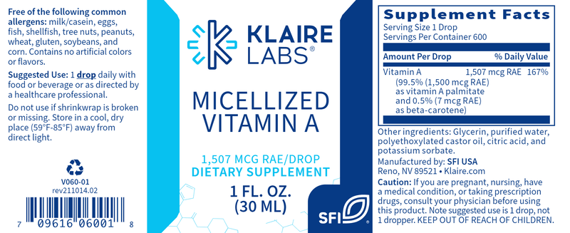 Micellized Vitamin A Liquid (Klaire Labs) Label
