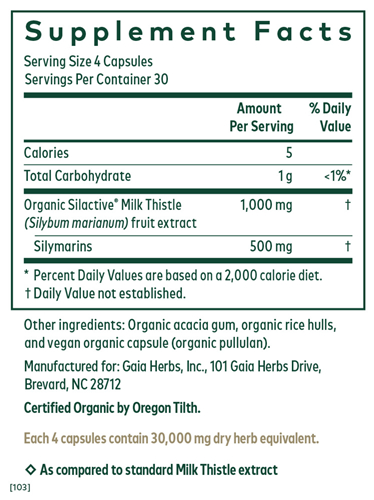 milk thistle 1000 gaia herbs pro supplement facts