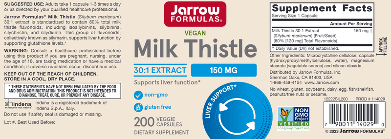 Milk Thistle 150 mg Jarrow Formulas label