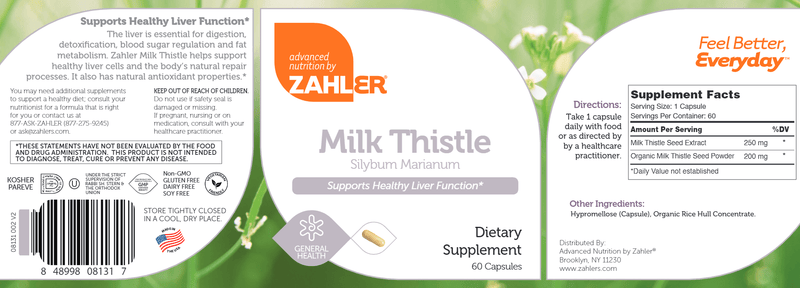 Milk Thistle (Advanced Nutrition by Zahler) Label