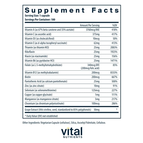 Minimal & Essential Antioxidant and Multi-Vitamin 180ct Vital Nutrients supplements