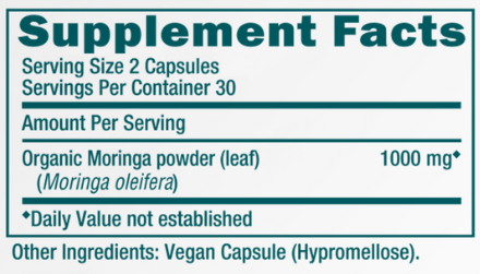 BACKORDER ONLY - Moringa Supplement Facts Label