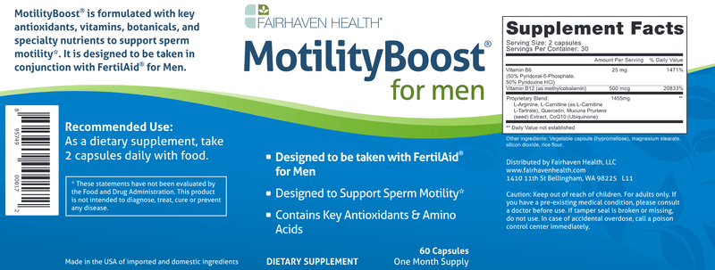 MotilityBoost- Male Fertility Supplement (Fairhaven Health) Label