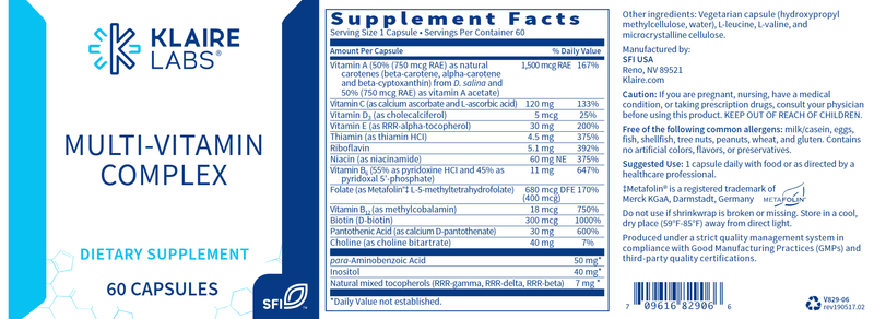Multi-Vitamin Complex (Klaire Labs) Label