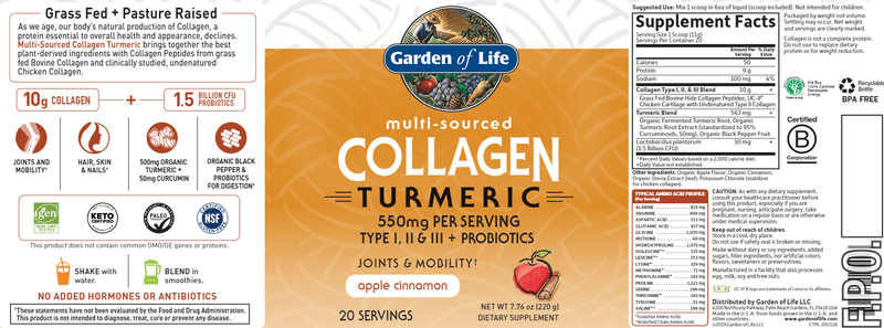 Multi Source Collagen Turmeric Apple Cinnamon (Garden of Life) Label