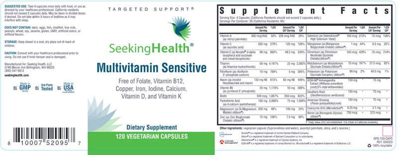 Multivitamin Sensitive Seeking Health Label