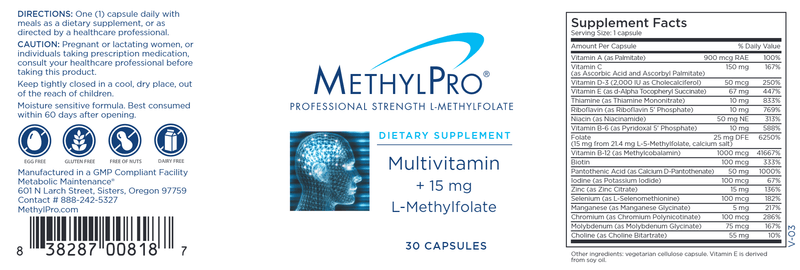 Multivitamin + 15 mg L-Methylfolate (MethylPro) label