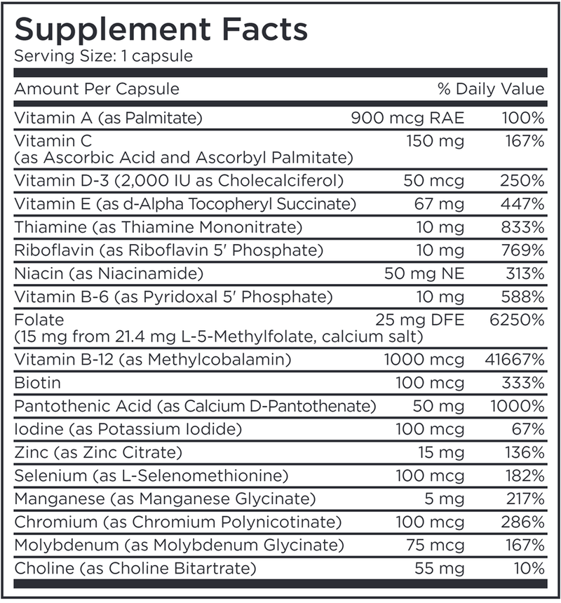 Multivitamin + 15 mg L-Methylfolate (MethylPro) supplement facts