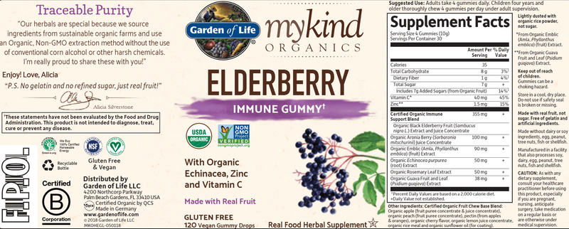 MyKind Organics Elderberry Gummies (Garden of Life) Label