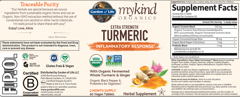MyKind Organics Extra Strength Turmeric (Garden of Life) 60ct Label