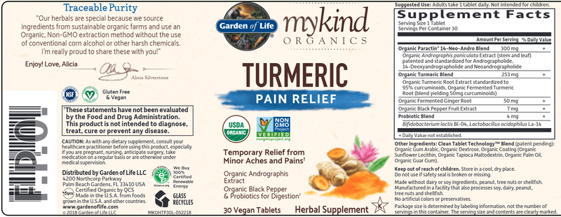Mykind Organics Turmeric Pain Relief (Garden of Life) Label