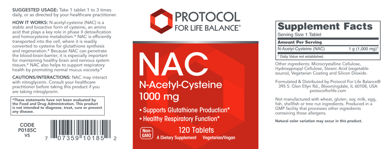 NAC 1,000 mg (Protocol for Life Balance) Label