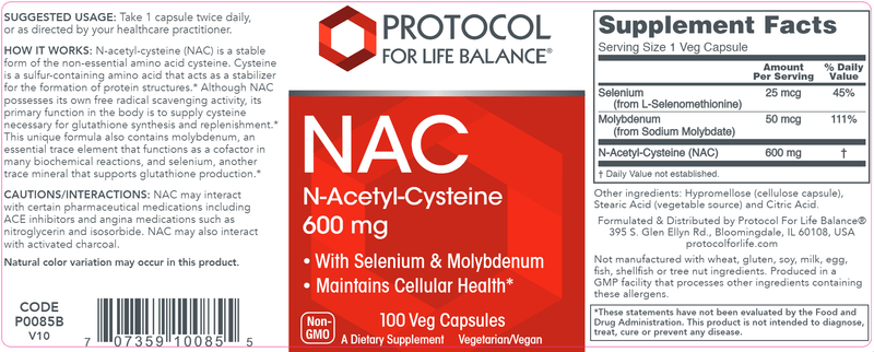 NAC 600 mg (Protocol for Life Balance) Label