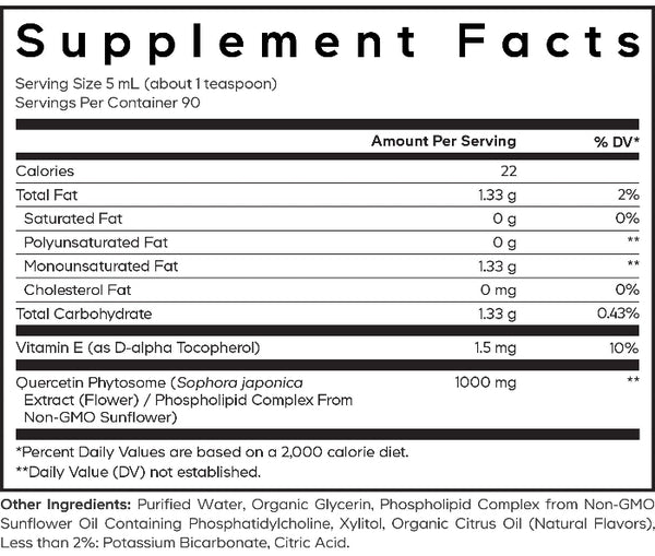 Nanofood Liquid Quercetin Phytosome Supplement Facts Label