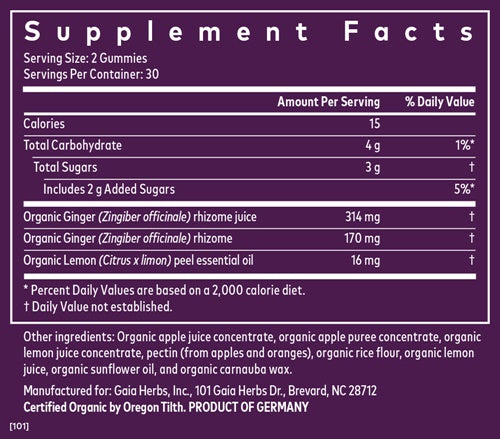Nausea Gummies (Gaia Herbs) supplement facts