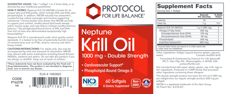 Neptune Krill Oil 1000 mg (Protocol for Life Balance) Label