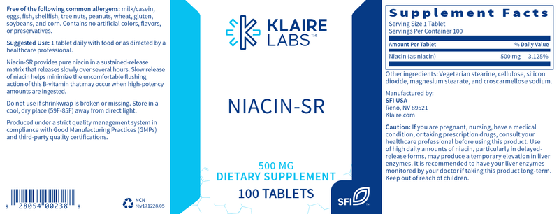 Niacin-SR (Klaire Labs) Label