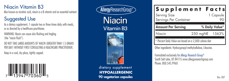 Niacin Capsules (Allergy Research Group) Label
