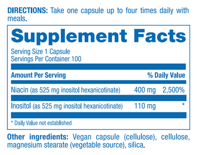Niacin Hex (No Flush) 525 mg Supplement Facts Label