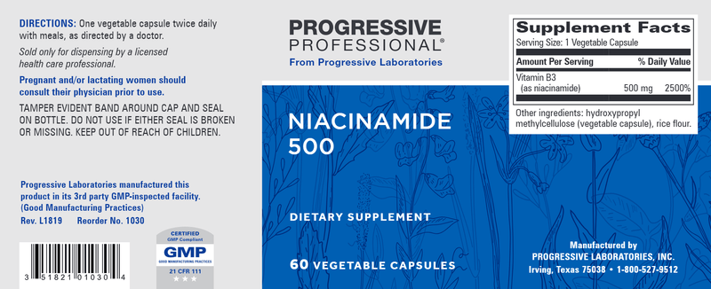 Niacinamide 500 (Progressive Labs) Label