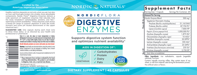 Nordic Flora Digestive Enzymes 45 Capsules (Nordic Naturals) Label