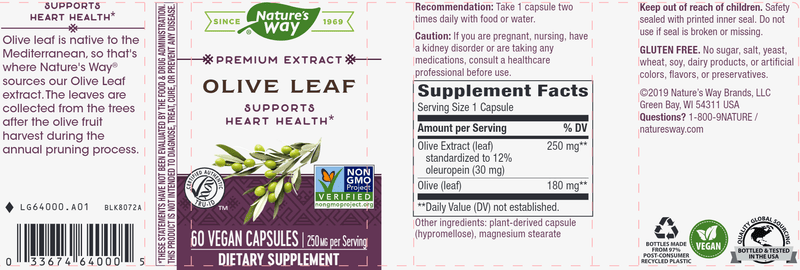 Olive Leaf 12% (Std) 60 veg capsules (Nature's Way) label