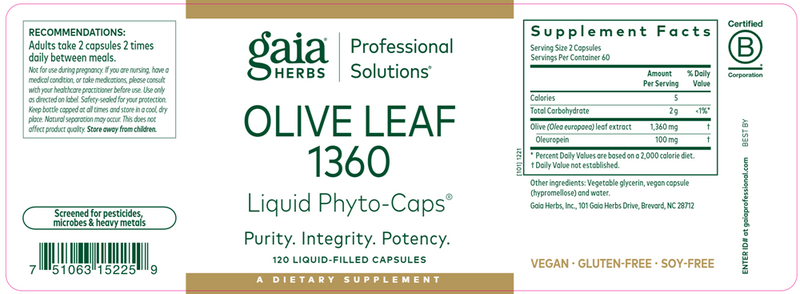 Olive Leaf 1360 (Gaia Herbs Professional Solutions) Label