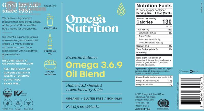 Omega 3 6 9 Oil Blend 12oz (Omega Nutrition) label