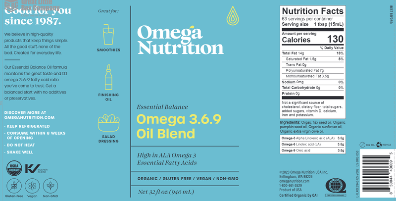 Omega 3 6 9 Oil Blend 32oz (Omega Nutrition) label