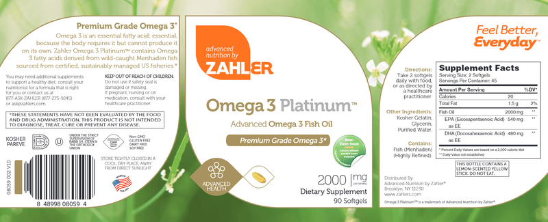 Omega 3 Platinum (Advanced Nutrition by Zahler) Label
