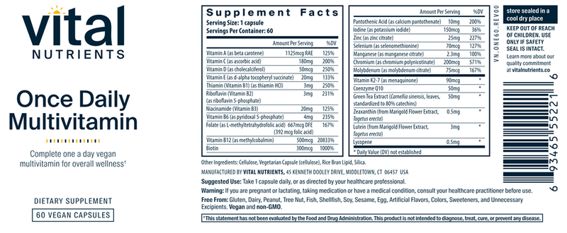 Once Daily Multivitamin (Vital Nutrients) label