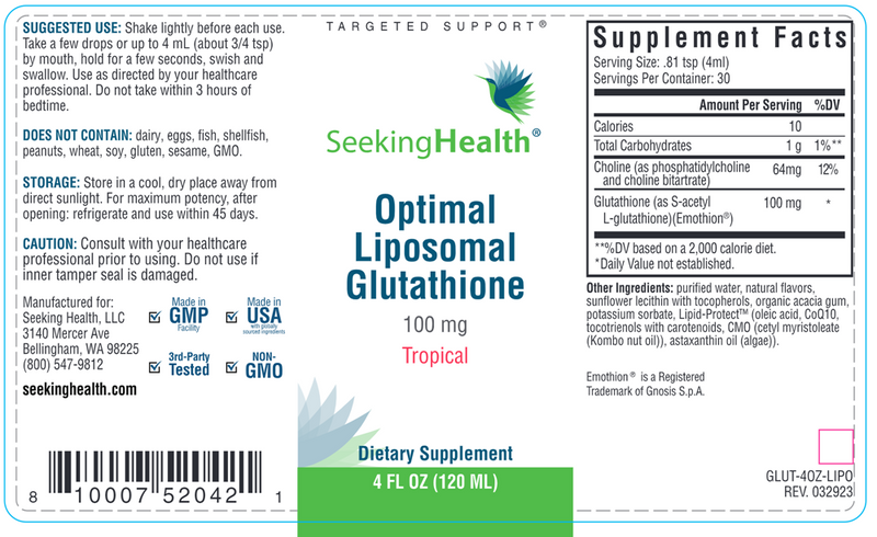 Optimal Liposomal Glutathione Tropical Seeking Health Label