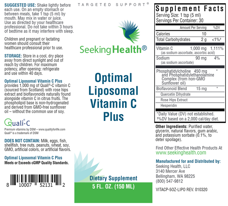 Optimal Liposomal Vitamin C Plus Seeking Health Label