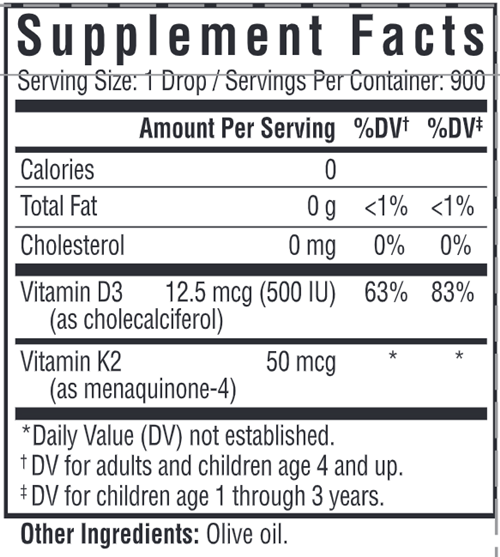 Optimal Vitamin D3 + K2 Drops Seeking Health supplement facts