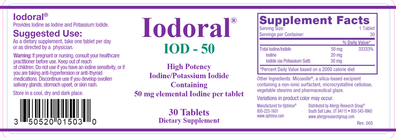Optimox Iodoral 50 mg (Allergy Research Group) 30ct Label