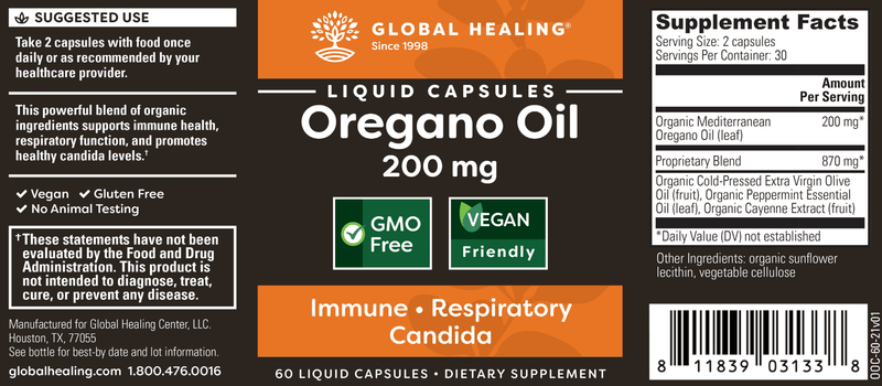Oregano Oil 200 mg (Global Healing) Label