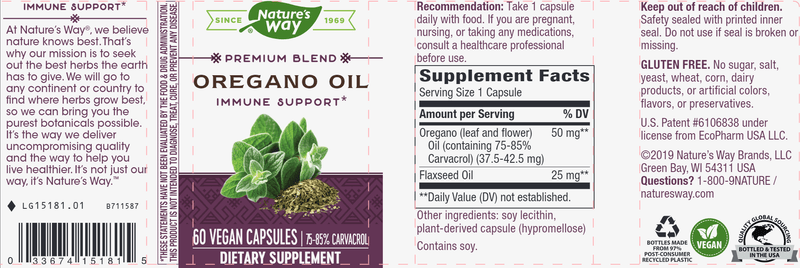 Oregano Oil (Std) 60 liquid veg capsules (Nature's Way) label