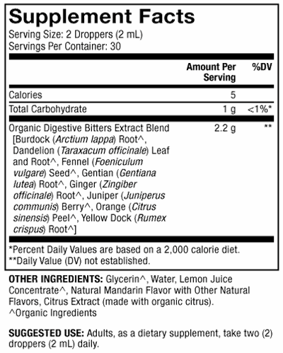 Organic Digestive Bitters Supplement Facts Label