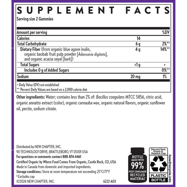 Organic Fiber Gummies Supplement Facts Label