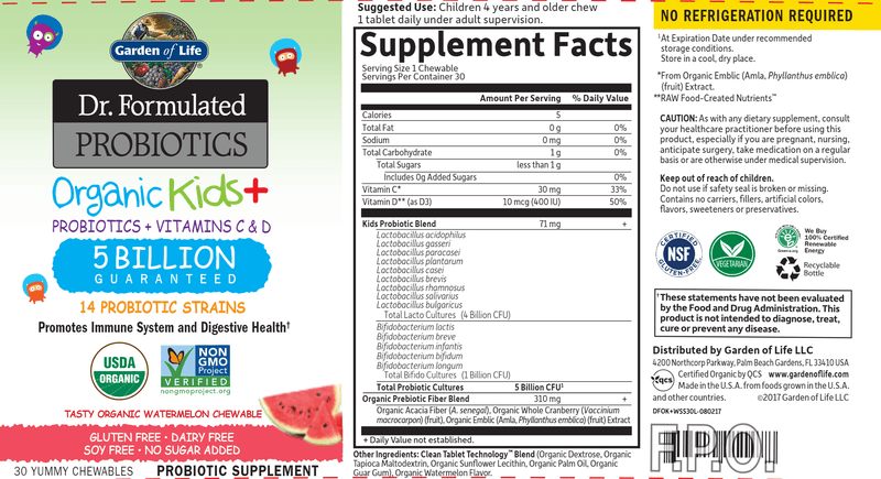 Organic Kids Probiotics Watermelon (Garden of Life) Label