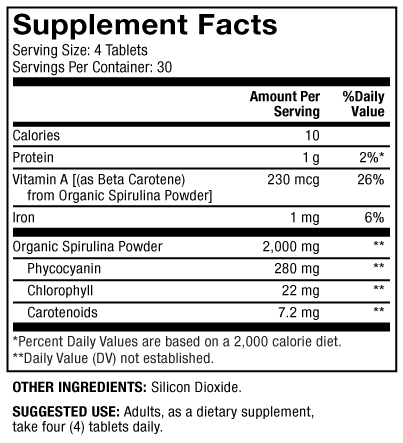 Organic Spirulina Supplement Facts Label