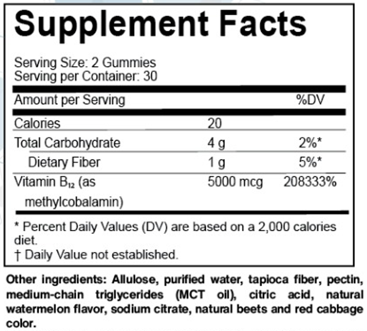 B12 Methylcobalamin Supplement Facts Label